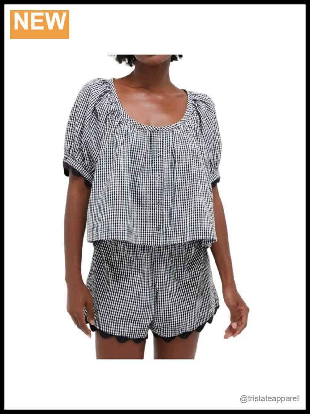 Women's Gingham Two Piece Outfit Puff Sleeve Button Up Top with Matching Shorts
